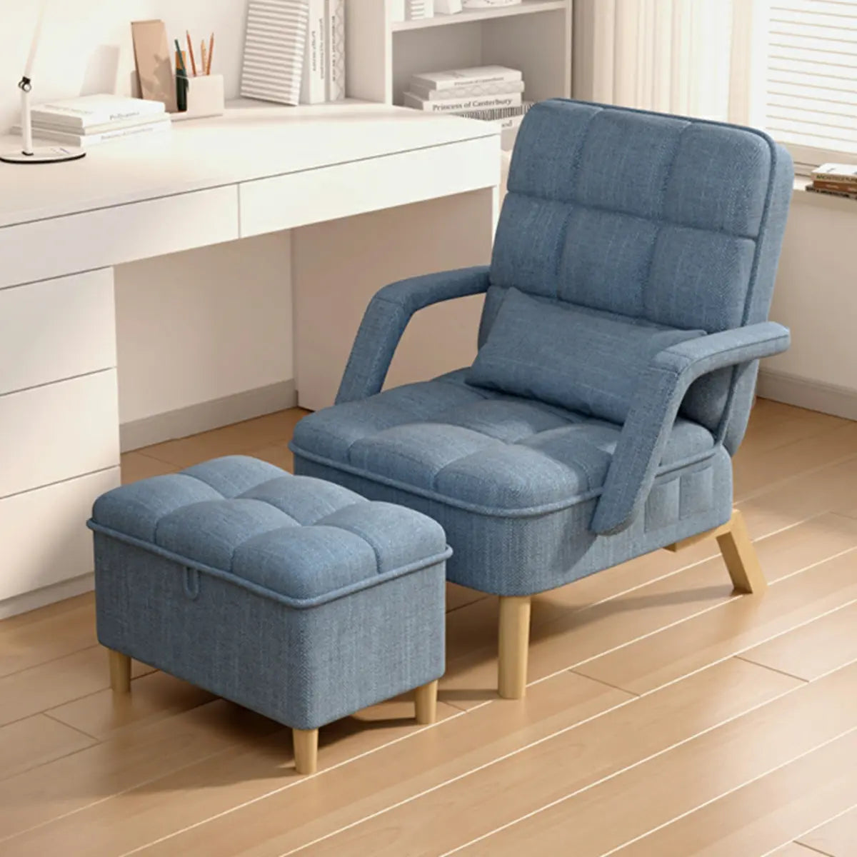 Blue Lockable Back Fabric Compact Recliner with Ottoman Image - 19