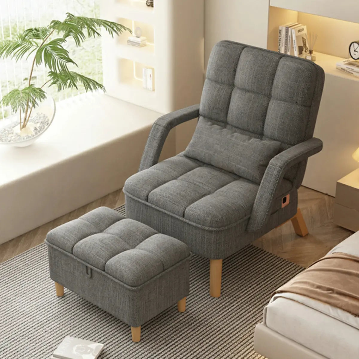 Blue Lockable Back Fabric Compact Recliner with Ottoman Image - 5