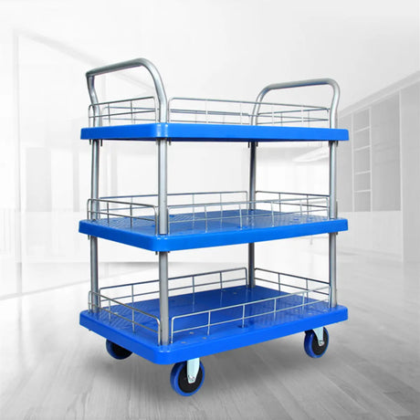 Blue Metal Utility Cart with Guardrail and 3 Shelves Image - 1