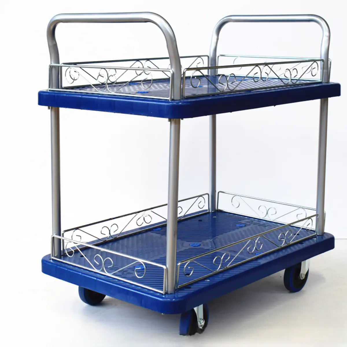 Blue Metal Utility Cart with Guardrail and 3 Shelves Image - 10