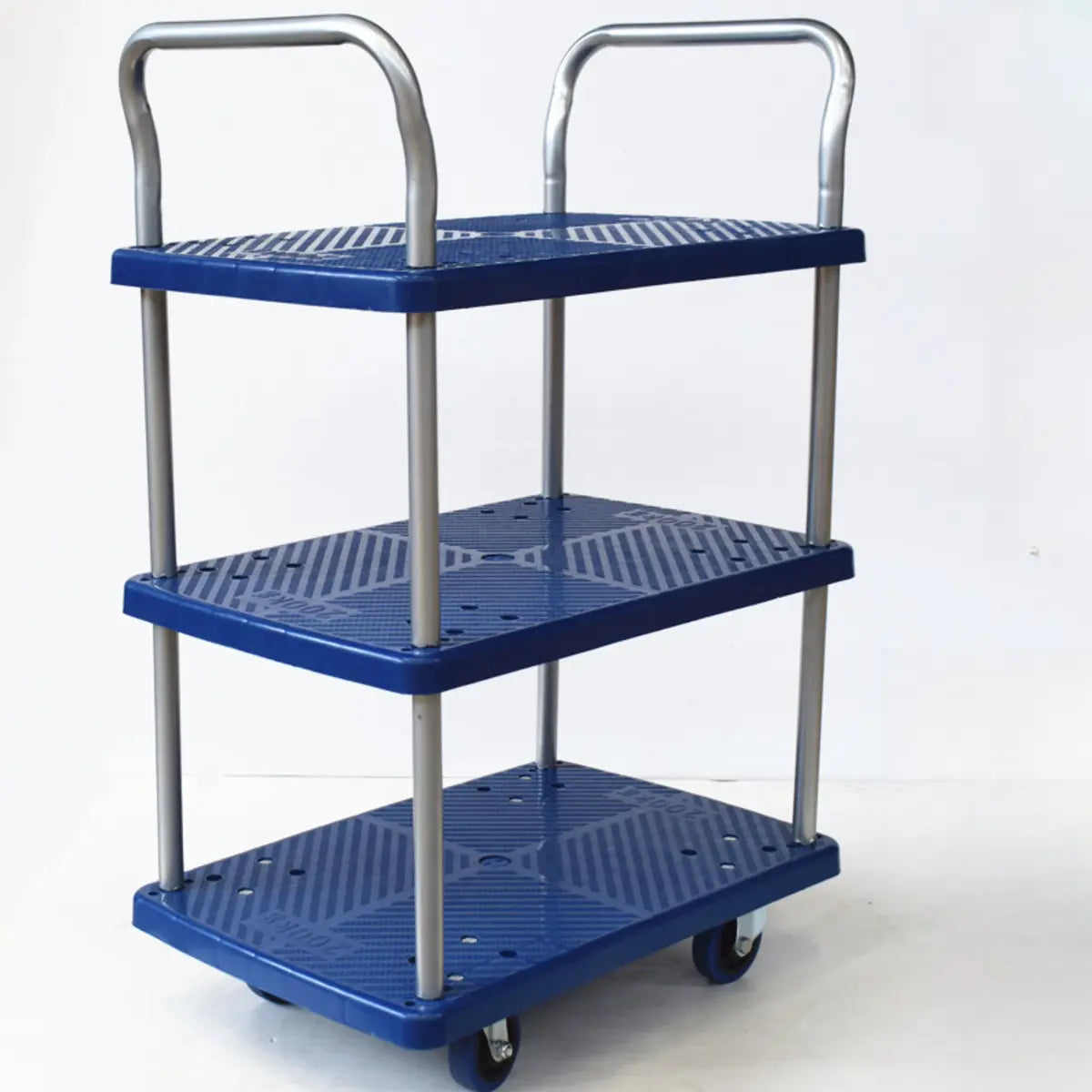 Blue Metal Utility Cart with Guardrail and 3 Shelves Image - 12