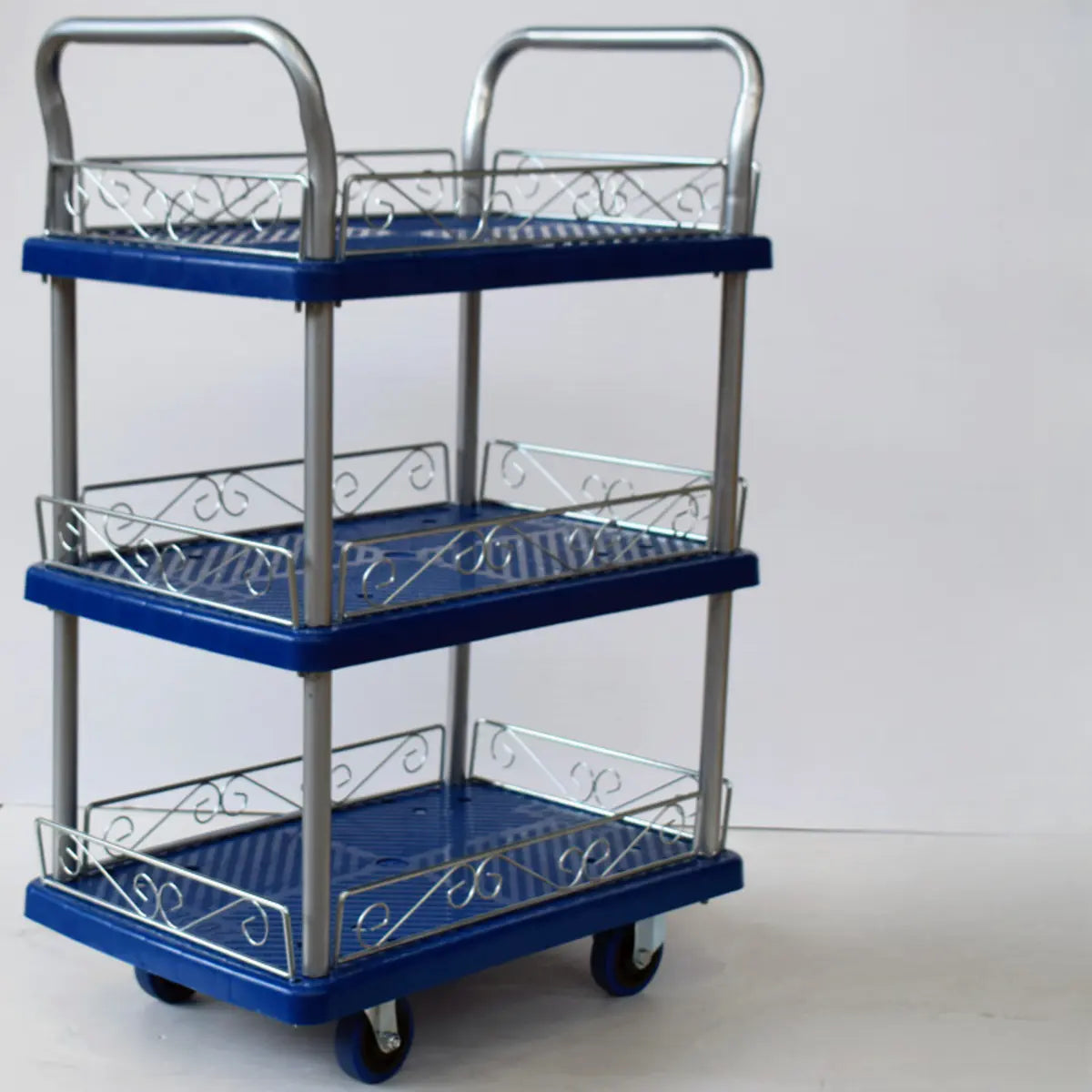 Blue Metal Utility Cart with Guardrail and 3 Shelves Image - 13