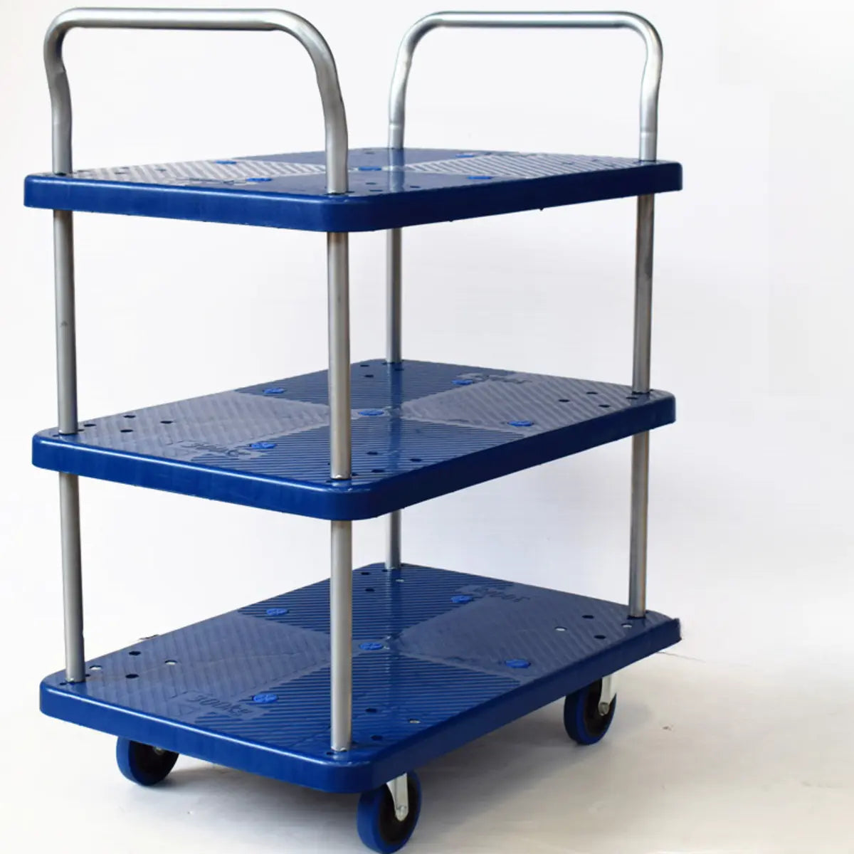 Blue Metal Utility Cart with Guardrail and 3 Shelves Image - 14