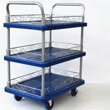 Blue Metal Utility Cart with Guardrail and 3 Shelves Image - 15