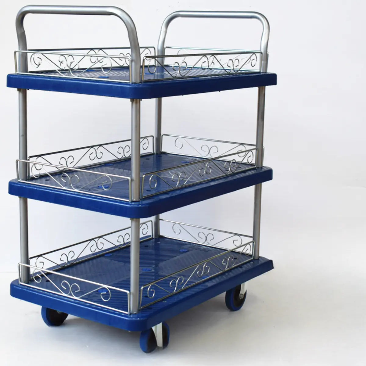 Blue Metal Utility Cart with Guardrail and 3 Shelves Image - 16