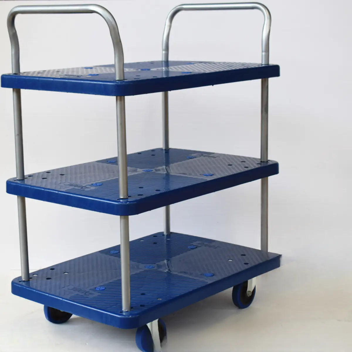 Blue Metal Utility Cart with Guardrail and 3 Shelves Image - 17