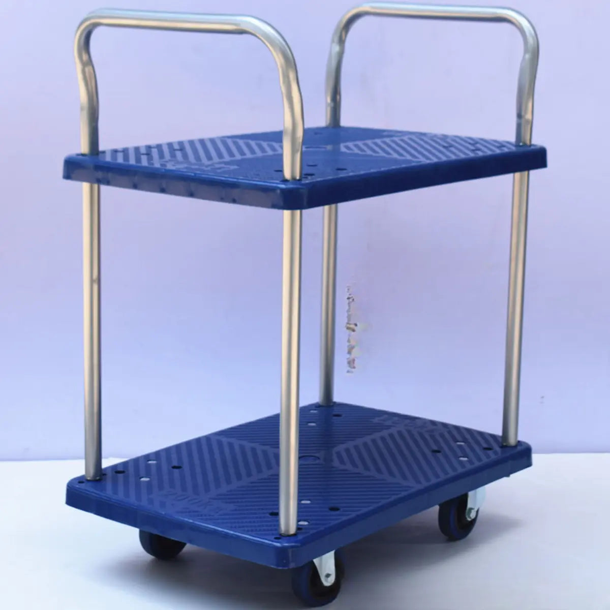 Blue Metal Utility Cart with Guardrail and 3 Shelves Image - 2