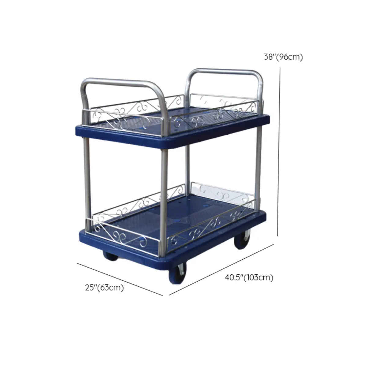 Blue Metal Utility Cart with Guardrail and 3 Shelves Image - 20