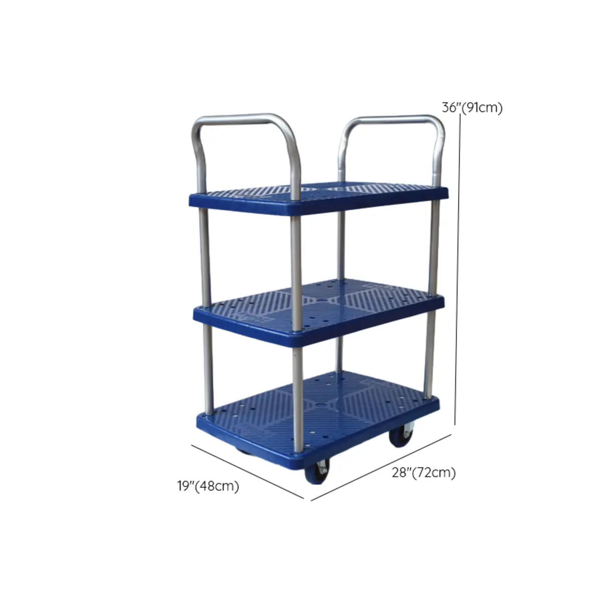 Blue Metal Utility Cart with Guardrail and 3 Shelves Image - 24