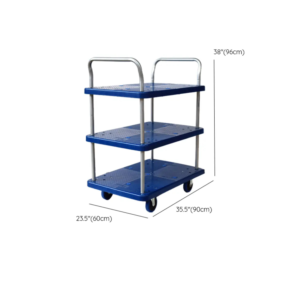 Blue Metal Utility Cart with Guardrail and 3 Shelves Image - 25