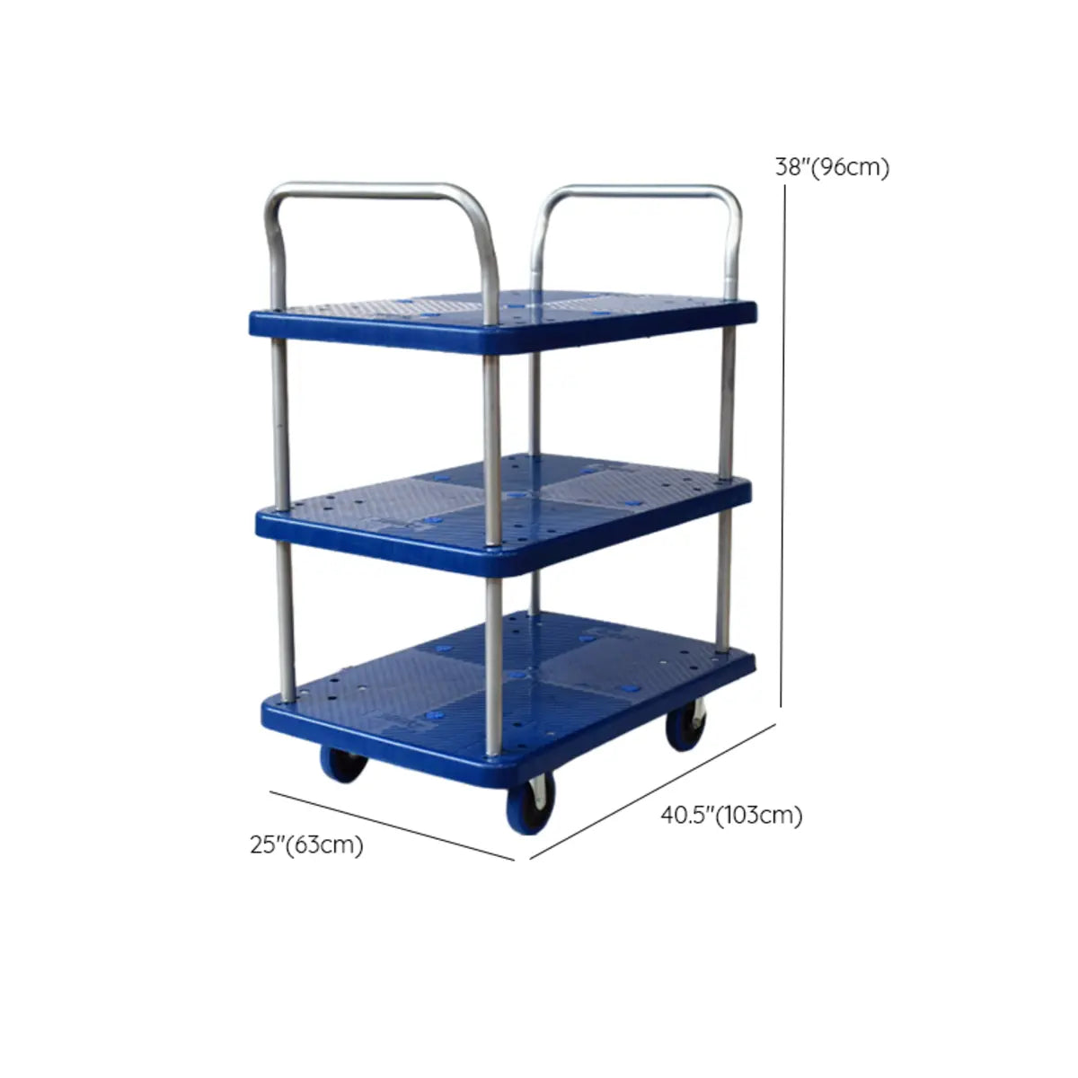 Blue Metal Utility Cart with Guardrail and 3 Shelves Image - 26