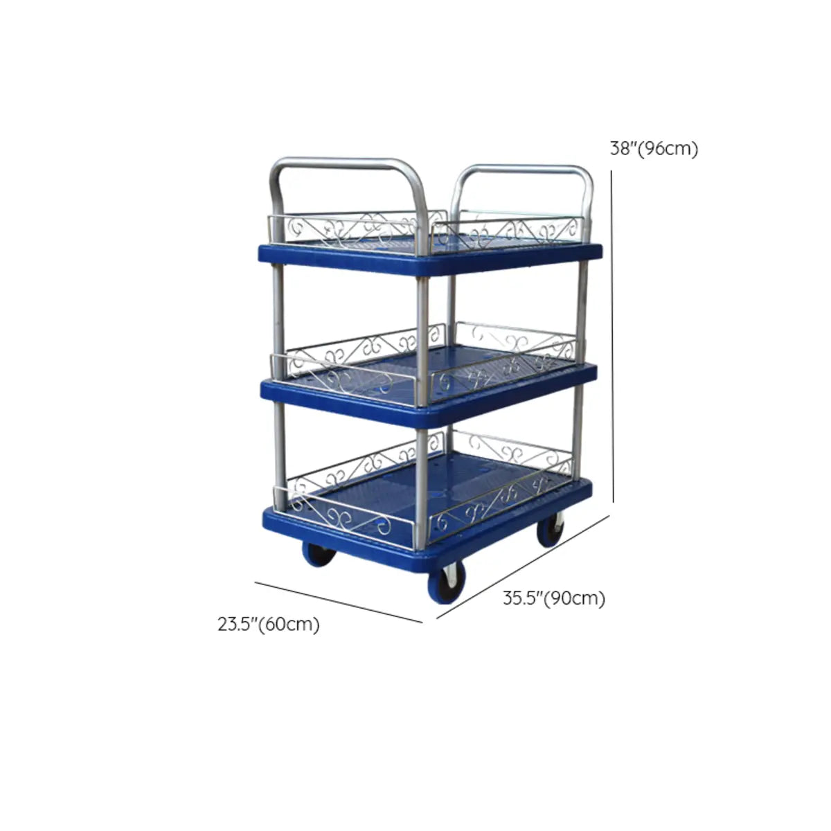 Blue Metal Utility Cart with Guardrail and 3 Shelves Image - 28