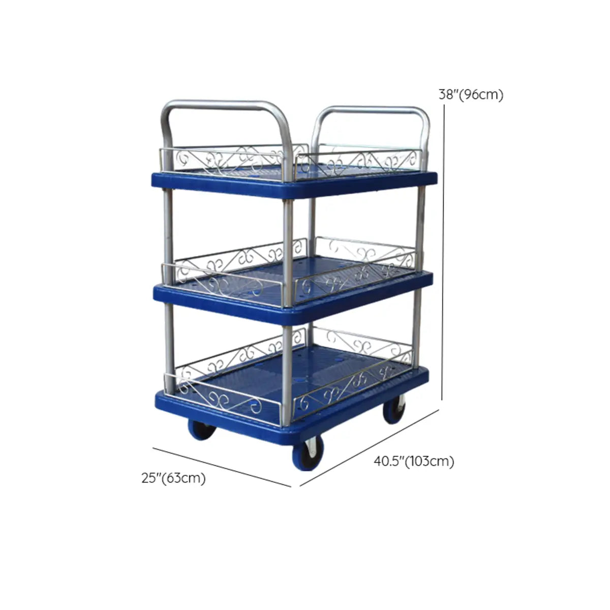 Blue Metal Utility Cart with Guardrail and 3 Shelves Image - 29