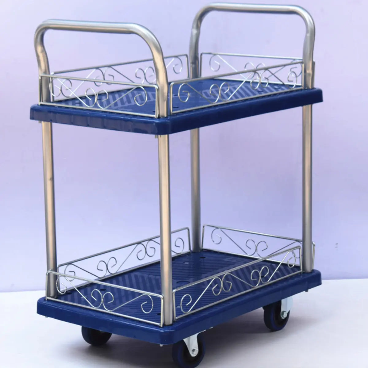 Blue Metal Utility Cart with Guardrail and 3 Shelves Image - 3