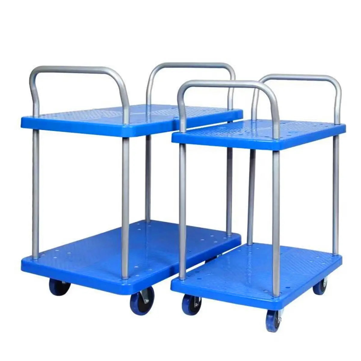 Blue Metal Utility Cart with Guardrail and 3 Shelves Image - 4