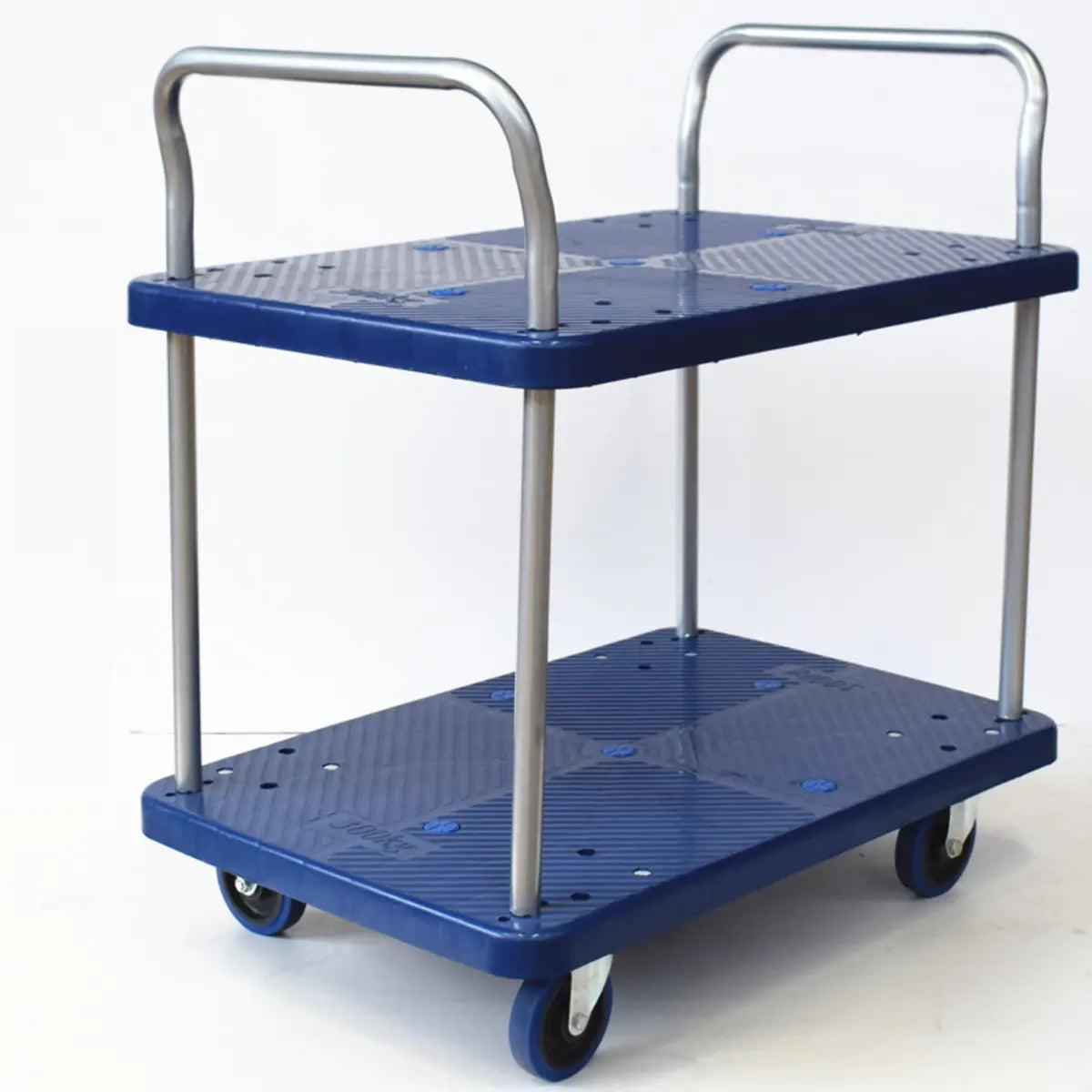 Blue Metal Utility Cart with Guardrail and 3 Shelves Image - 5