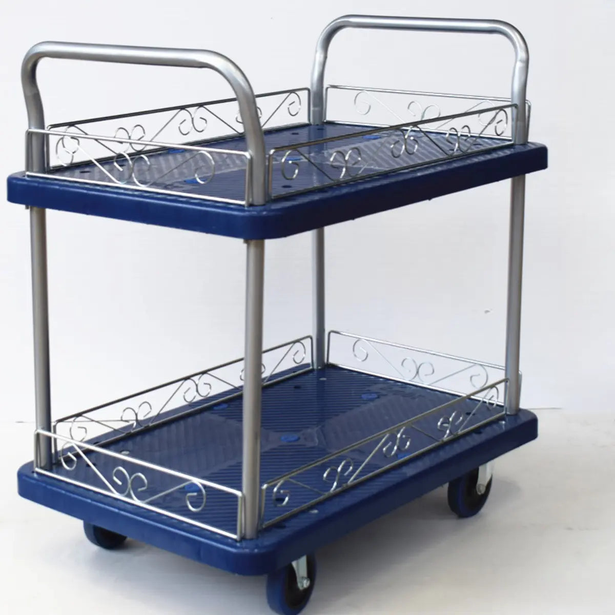 Blue Metal Utility Cart with Guardrail and 3 Shelves Image - 8