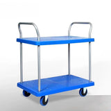 Blue Metal Utility Cart with Guardrail and 3 Shelves Image - 9