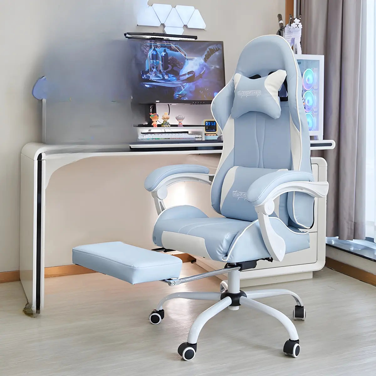 Blue Modern Swivel High Back Leather Gamer Office Chair Image - 3