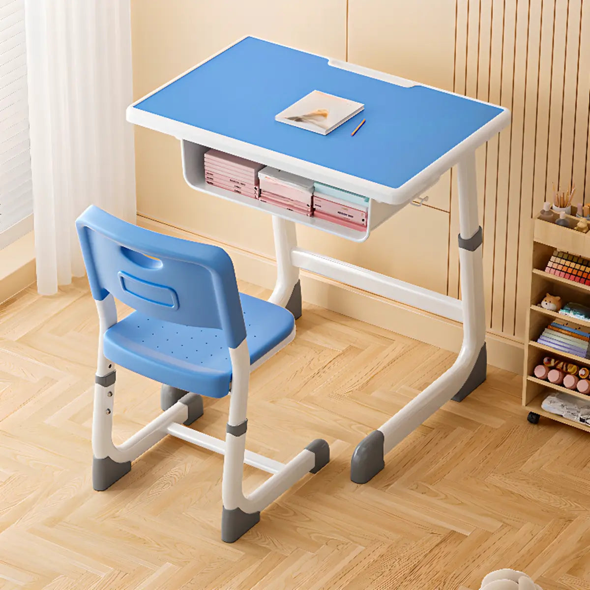 Blue Rectangle Kids Study Desk Chair Set with Storage Image - 1