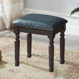 Blue Rectangular Wood Upholstered Accent Vanity Stool Image - 4