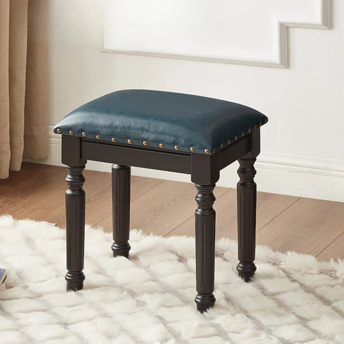 Blue Rectangular Wood Upholstered Accent Vanity Stool Image - 5