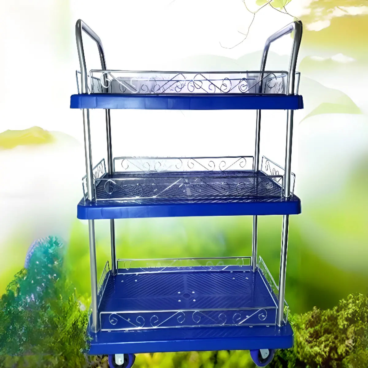 Blue Two-Tier Shelves Utility Cart with Handle Image - 3