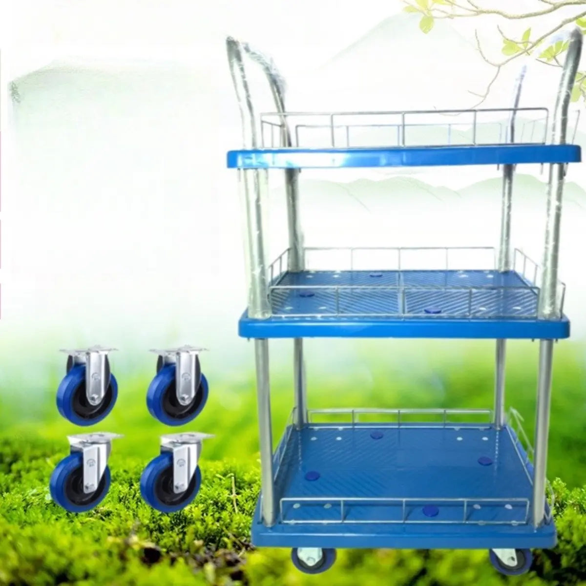 Blue Two-Tier Shelves Utility Cart with Handle Image - 8