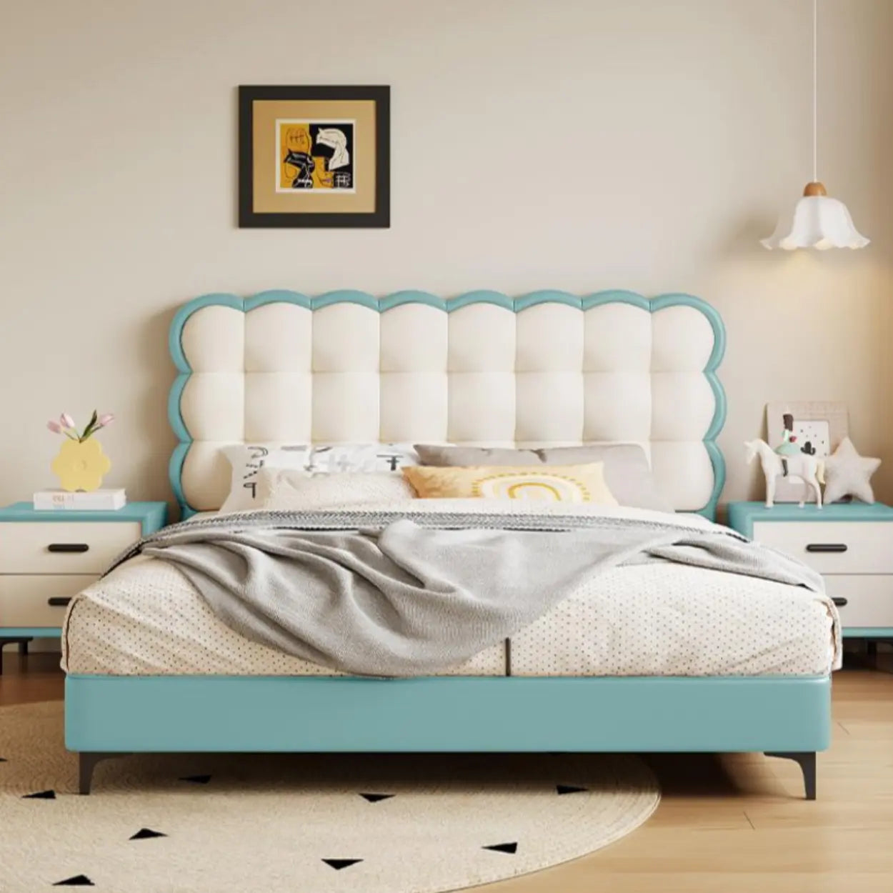 Blue Upholstered Wood Standard Low Clearance Kids Bed Image - 1