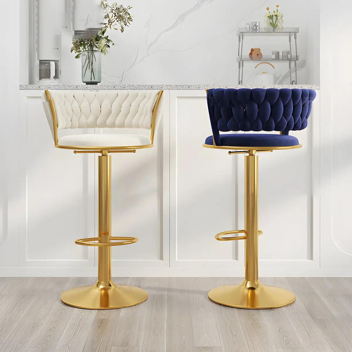 Blue Velvet Adjustable Gold Base Low Back Counter Bar Stool Image - 1