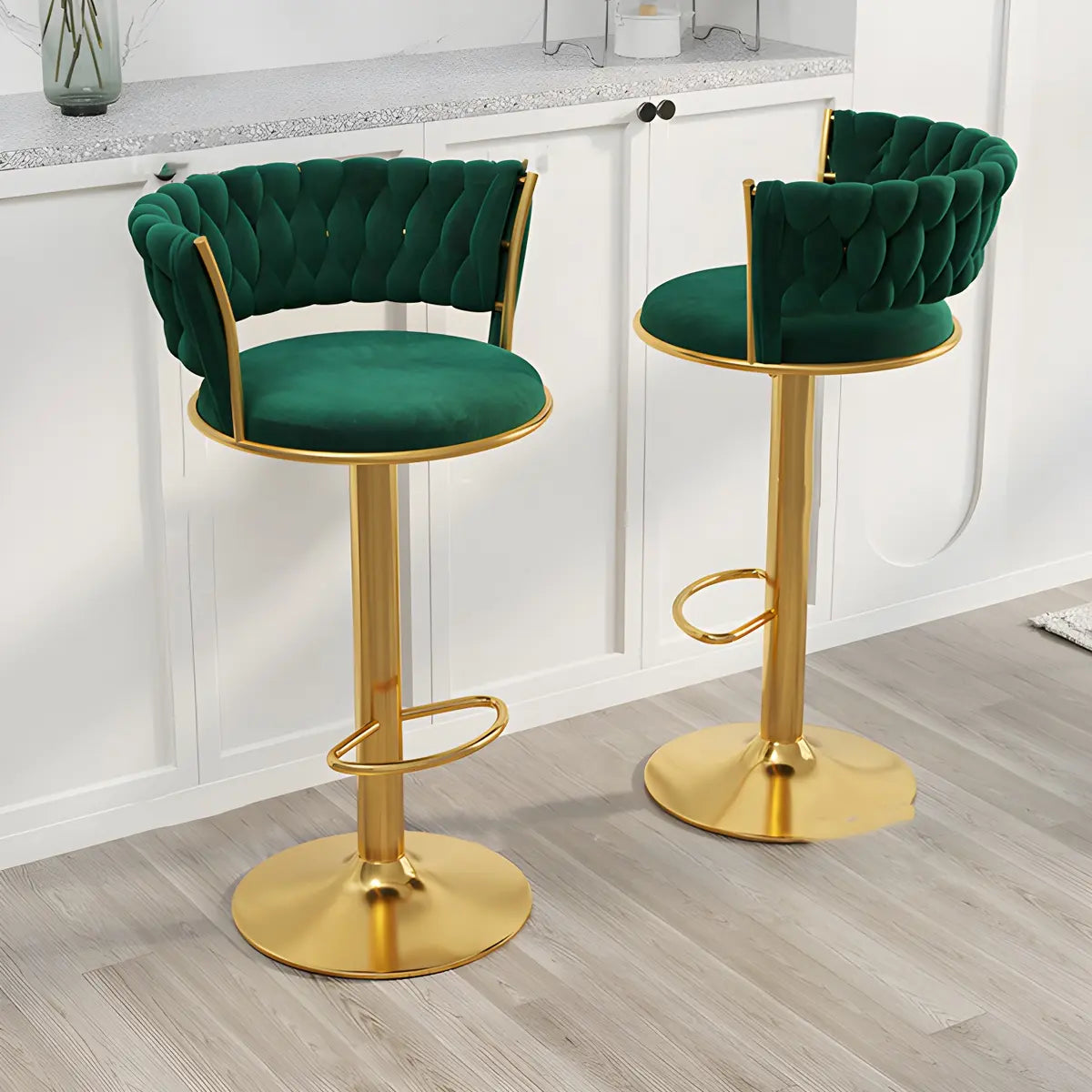 Blue Velvet Adjustable Gold Base Low Back Counter Bar Stool Image - 18