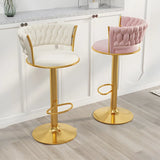 Blue Velvet Adjustable Gold Base Low Back Counter Bar Stool Image - 20