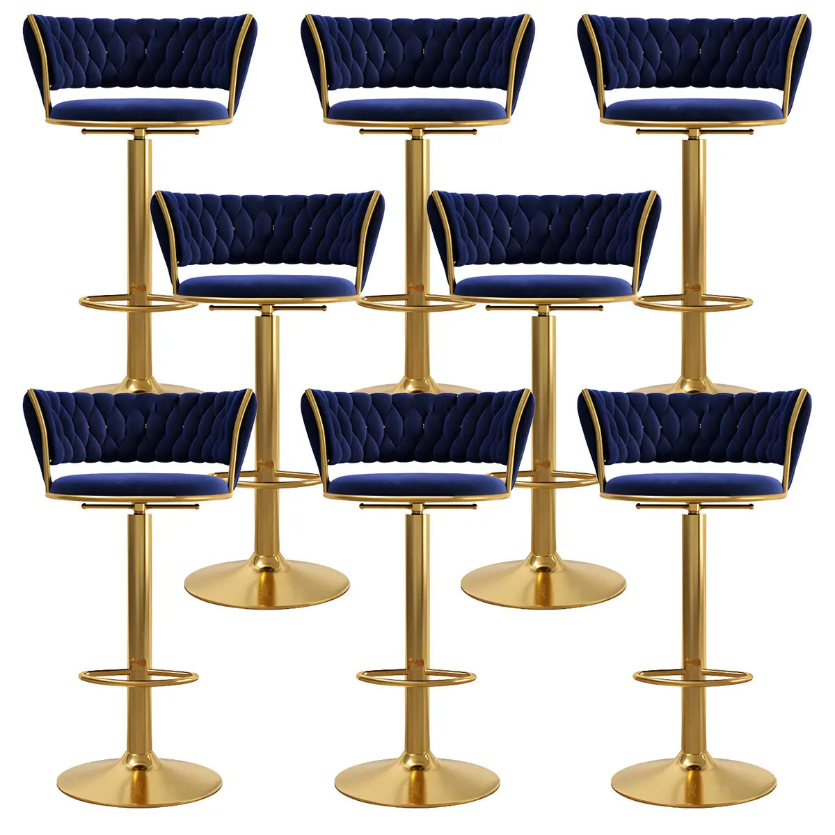 Blue Velvet Adjustable Gold Base Low Back Counter Bar Stool Image - 29