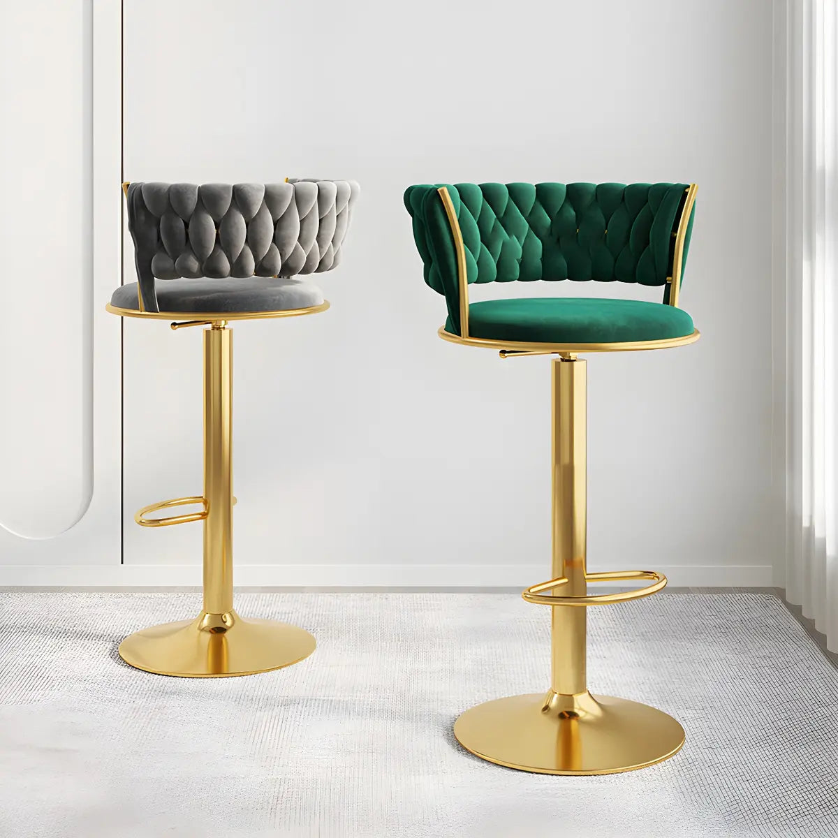 Blue Velvet Adjustable Gold Base Low Back Counter Bar Stool Image - 5