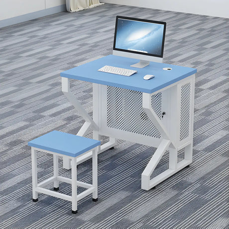 Blue Wood Square Cable Management Sled Computer Desk Image - 1