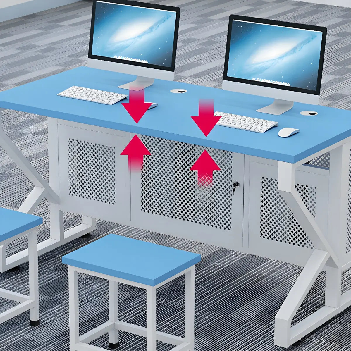 Blue Wood Square Cable Management Sled Computer Desk Image - 10