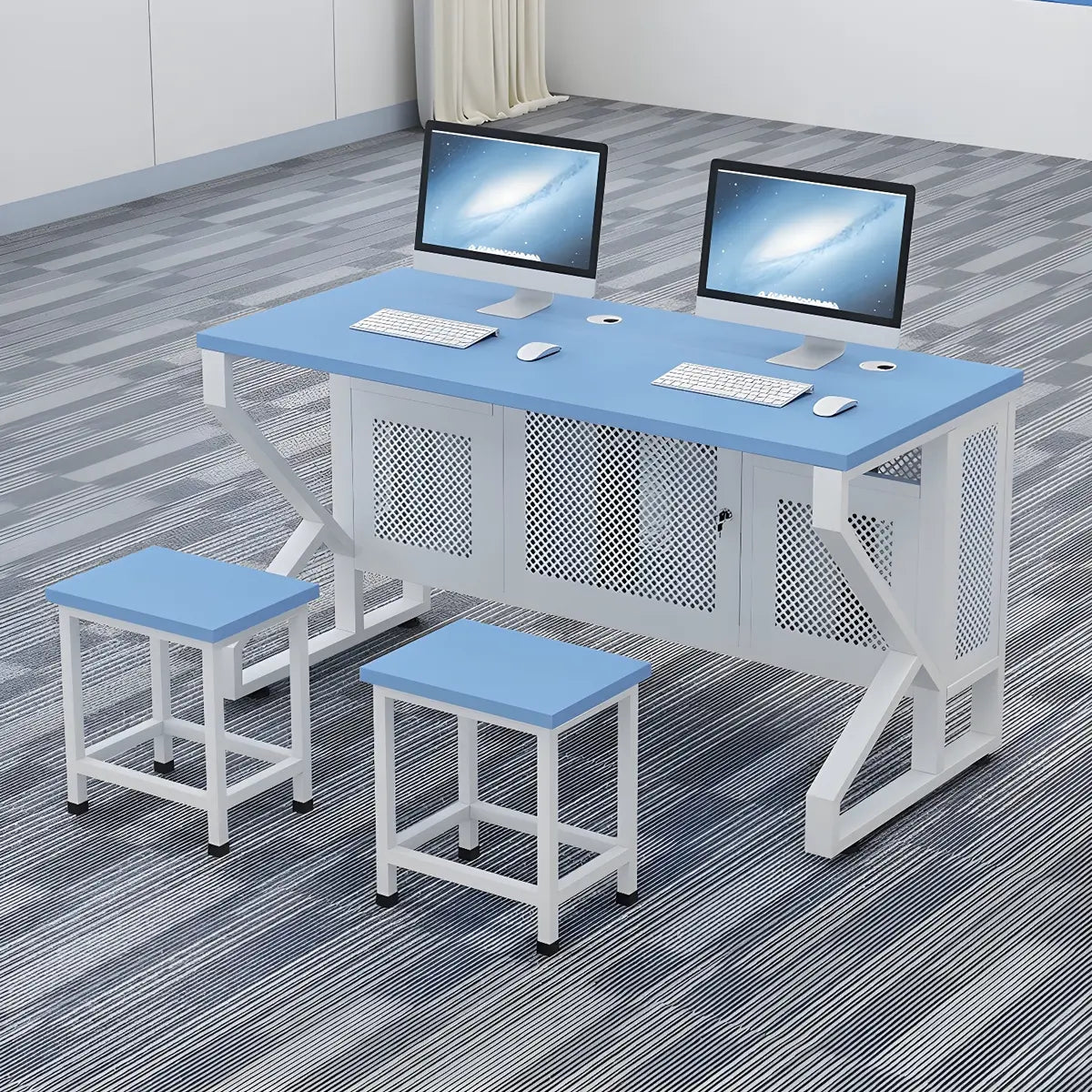 Blue Wood Square Cable Management Sled Computer Desk Image - 4