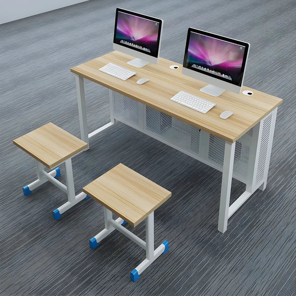 Blue Wood Square Cable Management Sled Computer Desk Image - 6