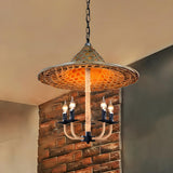 Bohemian Dining Room Rattan Woven Hat Candle Chandelier Image - 3