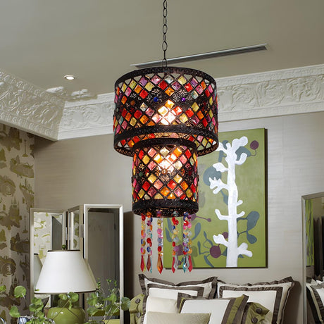 Bohemian Double Cylinder Colorful Dining Room Chandelier Image - 2