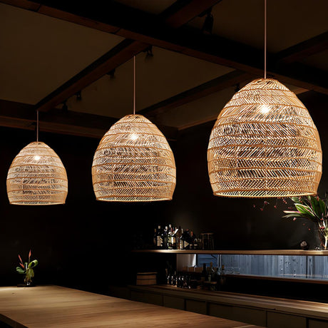 Bohemian Natural Rattan Woven Dome Restaurant Pendant Light Image - 1