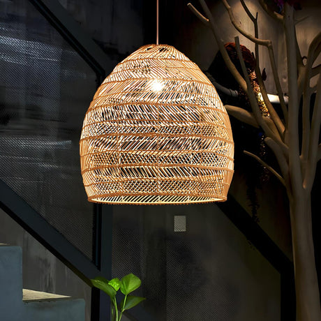 Bohemian Natural Rattan Woven Dome Restaurant Pendant Light Image - 2