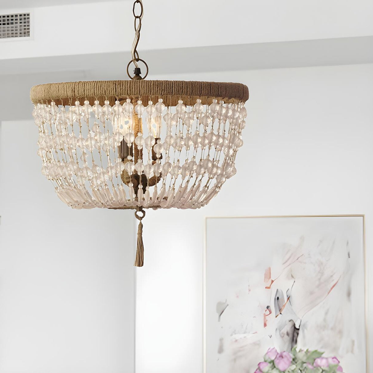 Bohemian Rustic Rope and Crystal Bead Dome Chandelier Image - 2