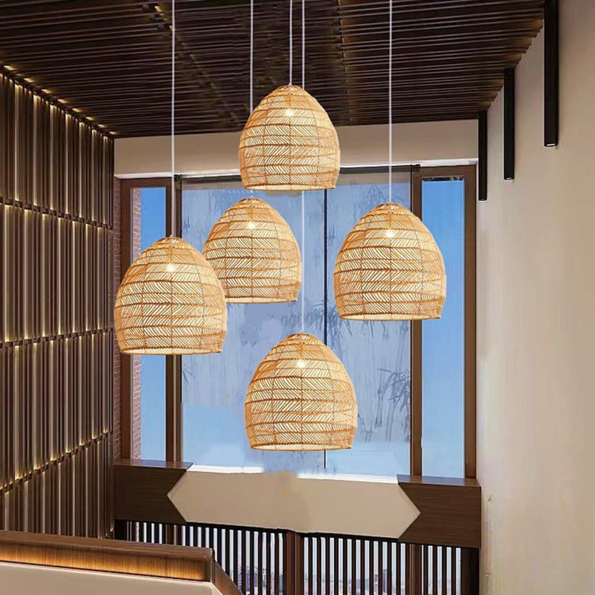 Bohemian Stairwel Cane Rattan Drum Pendant Light Set Image - 1