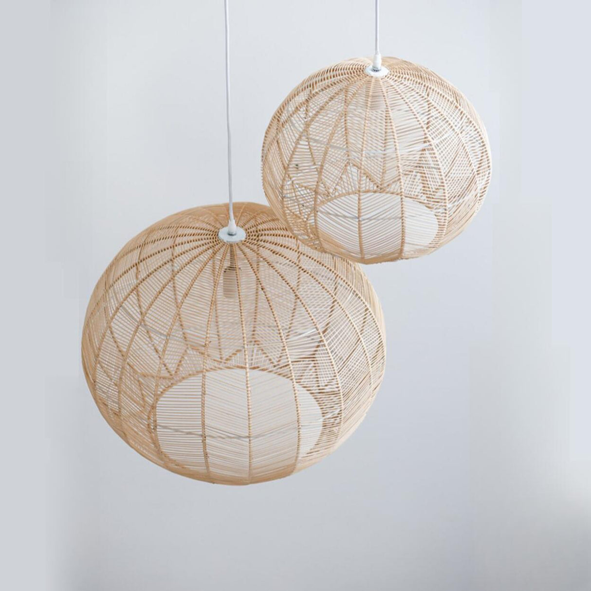 Bohemian Stairwel Cane Rattan Drum Pendant Light Set Image - 11