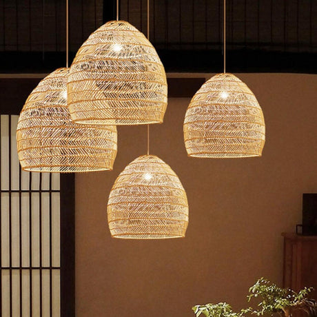 Bohemian Stairwel Cane Rattan Drum Pendant Light Set Image - 2