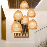 Bohemian Stairwel Cane Rattan Drum Pendant Light Set Image - 3