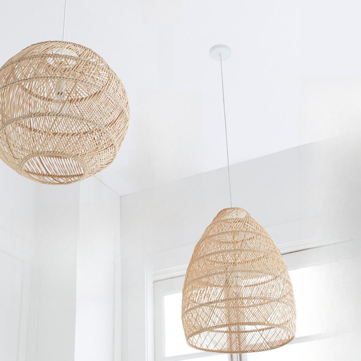 Bohemian Stairwel Cane Rattan Drum Pendant Light Set Image - 4