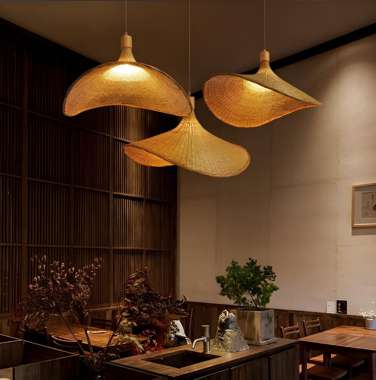 Bohemian Woven Bamboo Beige Dining Room Pendant Light Image - 14