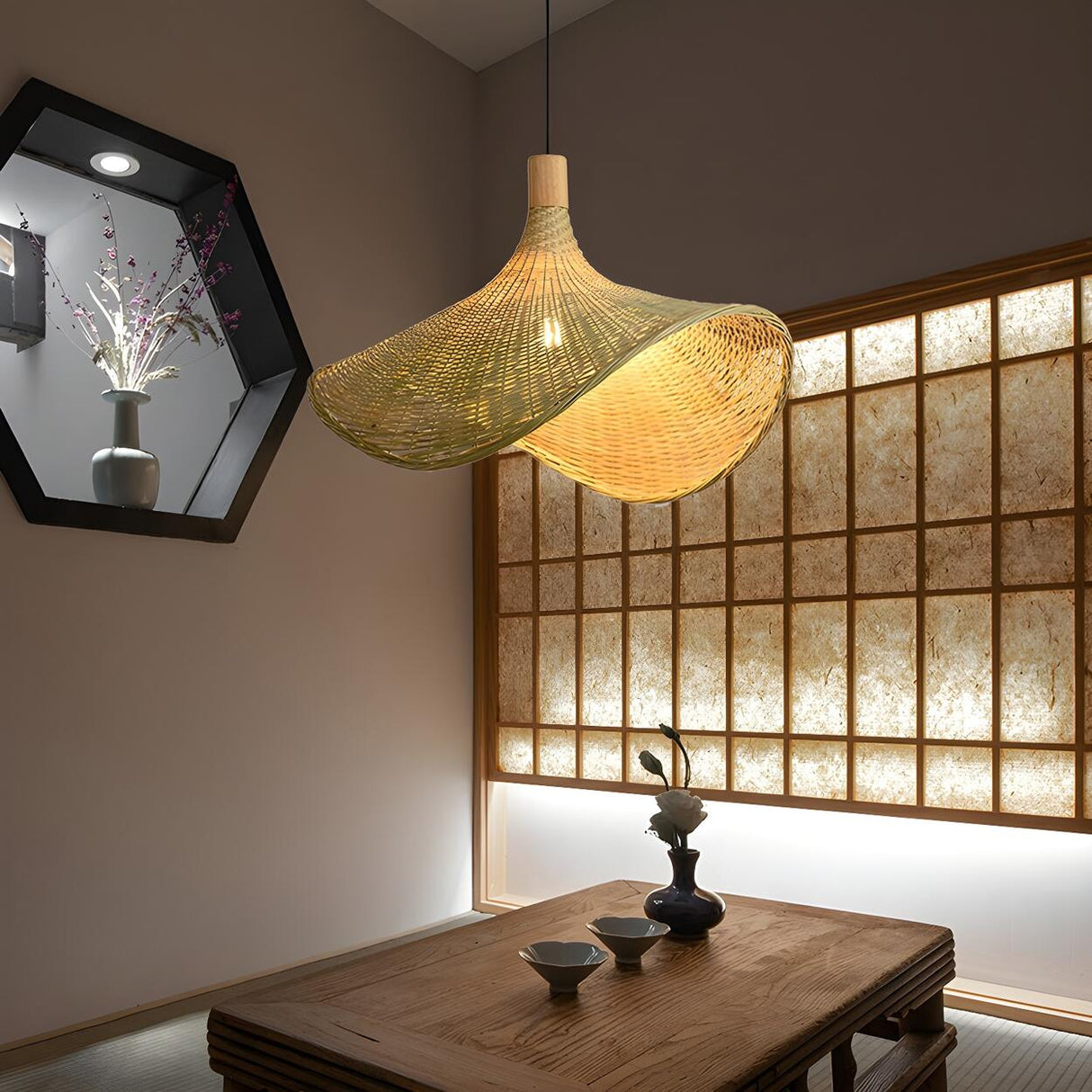 Bohemian Woven Bamboo Beige Dining Room Pendant Light Image - 5